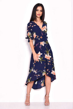Navy Floral Print Wrap Dress