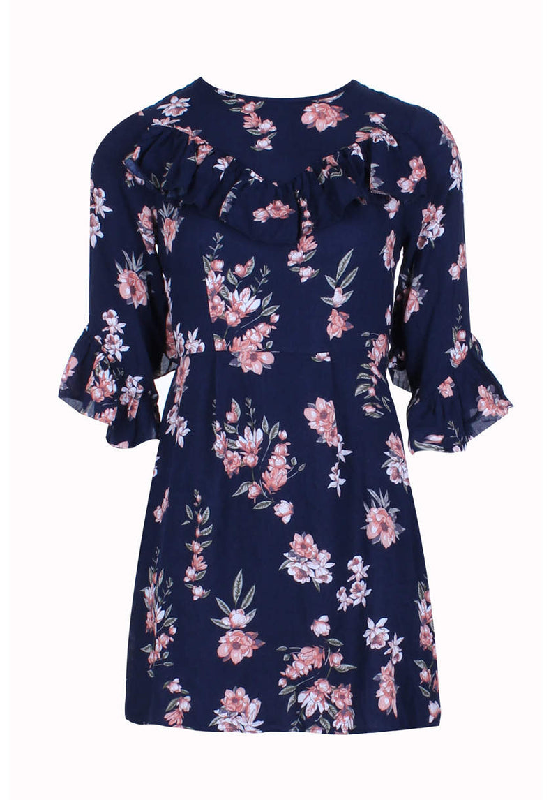 Navy Floral Skater Dress With V-Front Frill