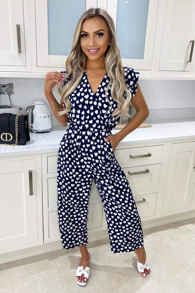 Navy Heart Print Culotte Jumpsuit AX Paris