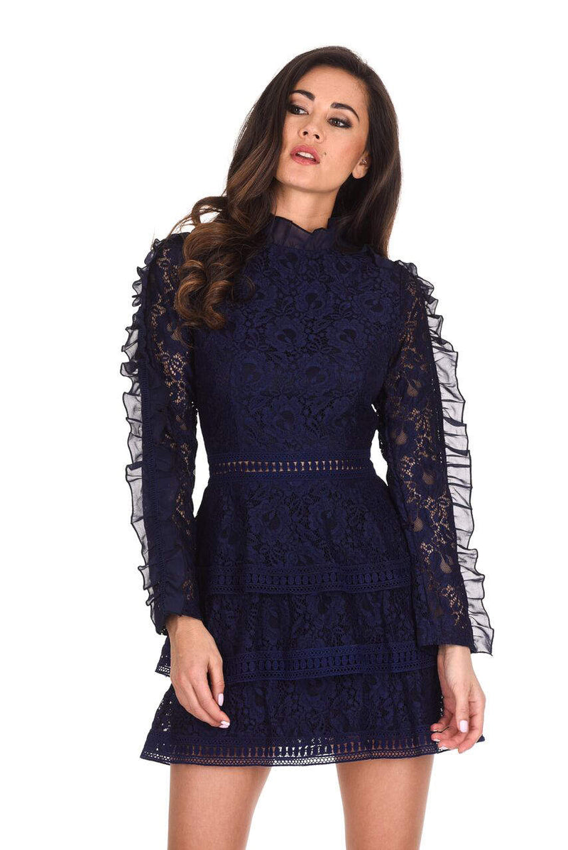 Navy Lace Tiered Mini Dress