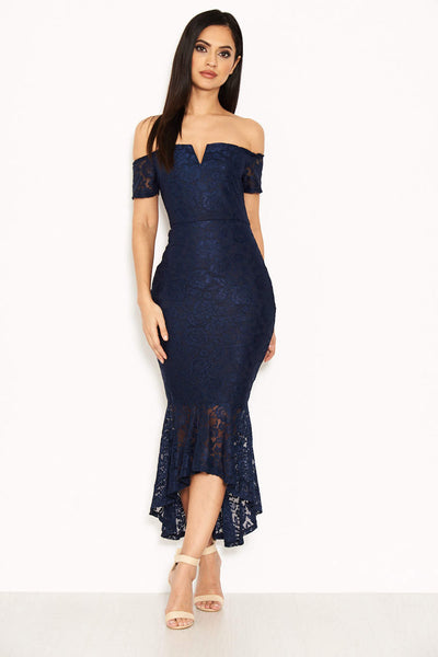 Navy Notch Front Lace Detail Fishtail Dress AX Paris