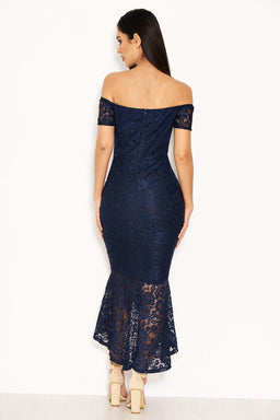 Navy Notch Front Lace Detail Fishtail Dress
