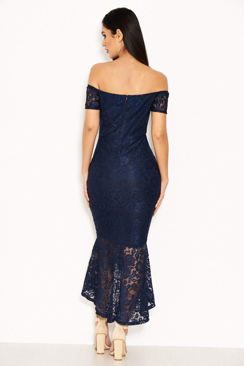 Navy Notch Front Lace Detail Fishtail Dress