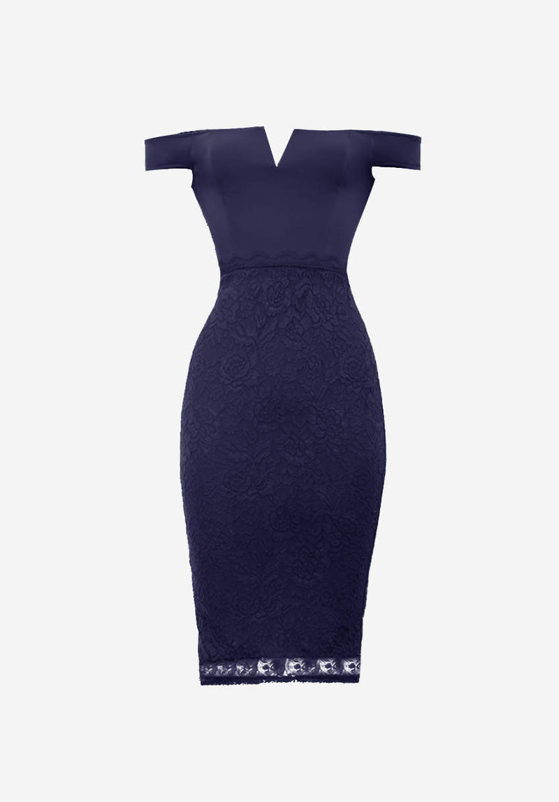 Navy Notch Front Lace Detail Midi Dress