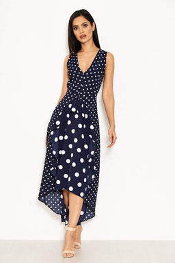 Navy Polka Dot Asymmetric Dress