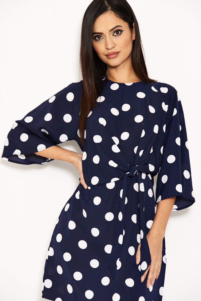 Navy Polka Dot Wrap Mini Dress With Tie Front