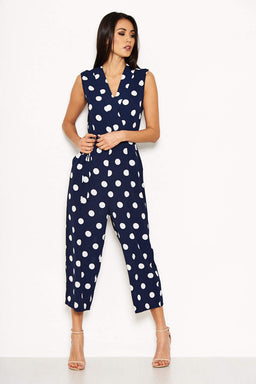Navy Polka Dot Tie Waist Jumpsuit