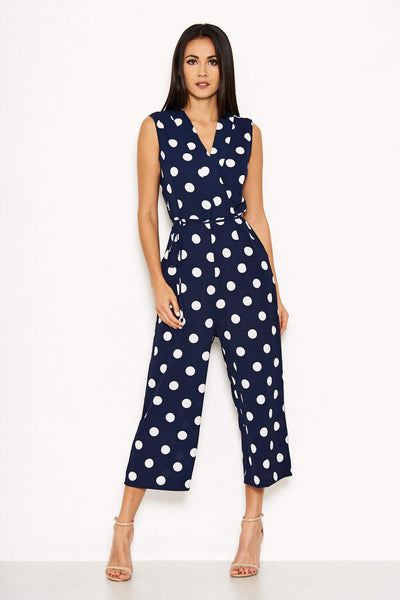 Navy Polka Dot Tie Waist Jumpsuit – AX Paris