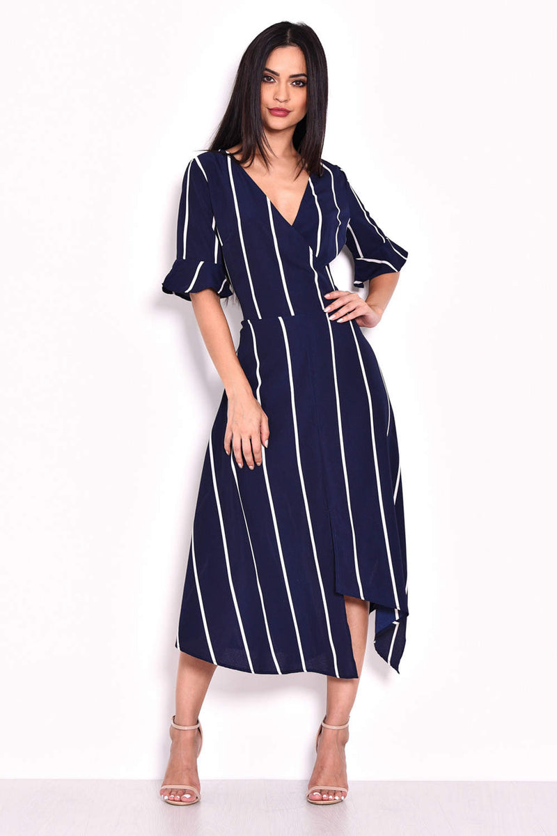 Navy Striped Asymmetric Hem Dress