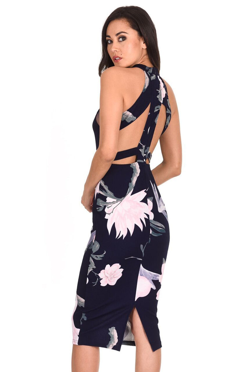 Navy Floral Mesh Detail Bodycon Midi Dress