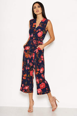 Navy Floral Culotte Jumpsuit With Tie Waist