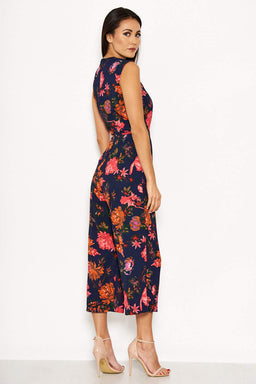 Navy Floral Culotte Jumpsuit With Tie Waist