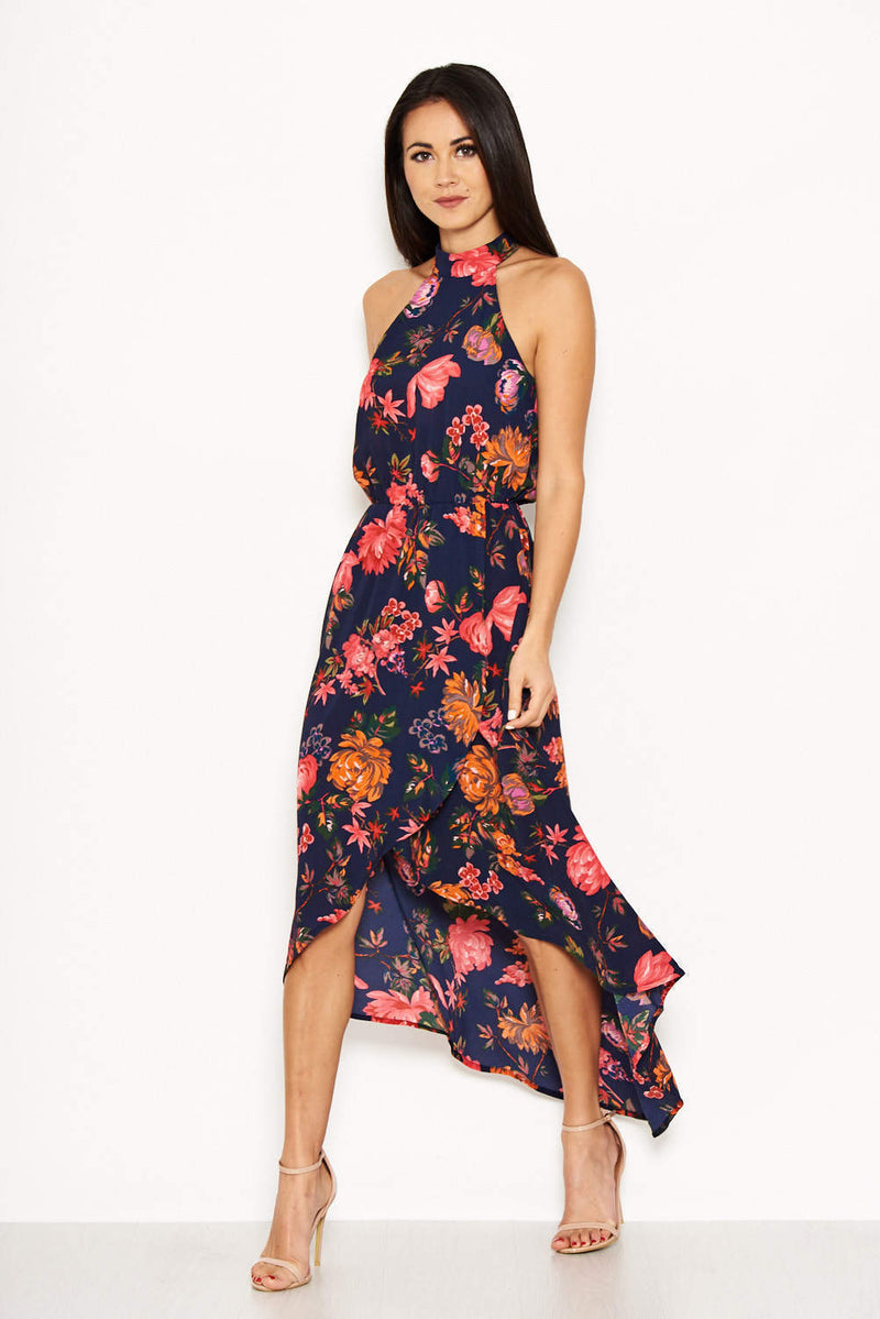 Navy Floral Cut in Neck Wrap Dress