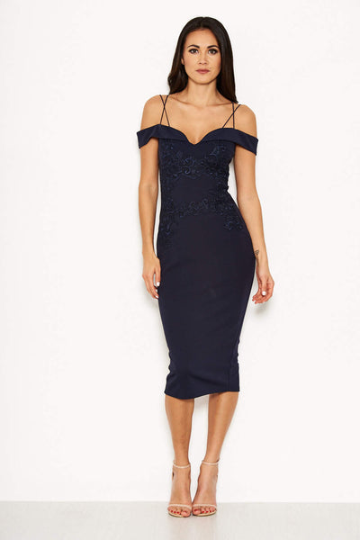 Navy blue lace bardot dress sales