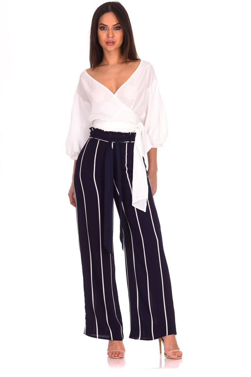 Navy Striped Flared Trousers