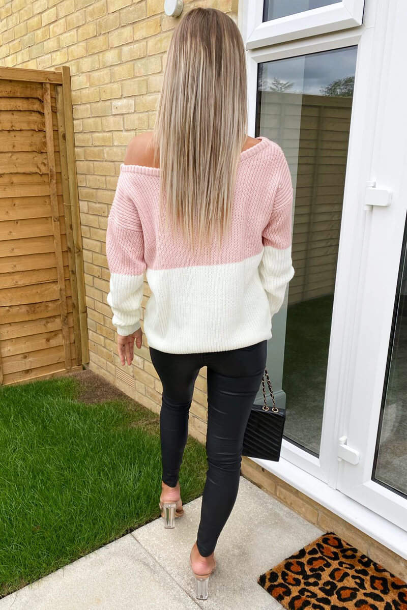 Pink And Cream Knit Off Shoulder Jumper