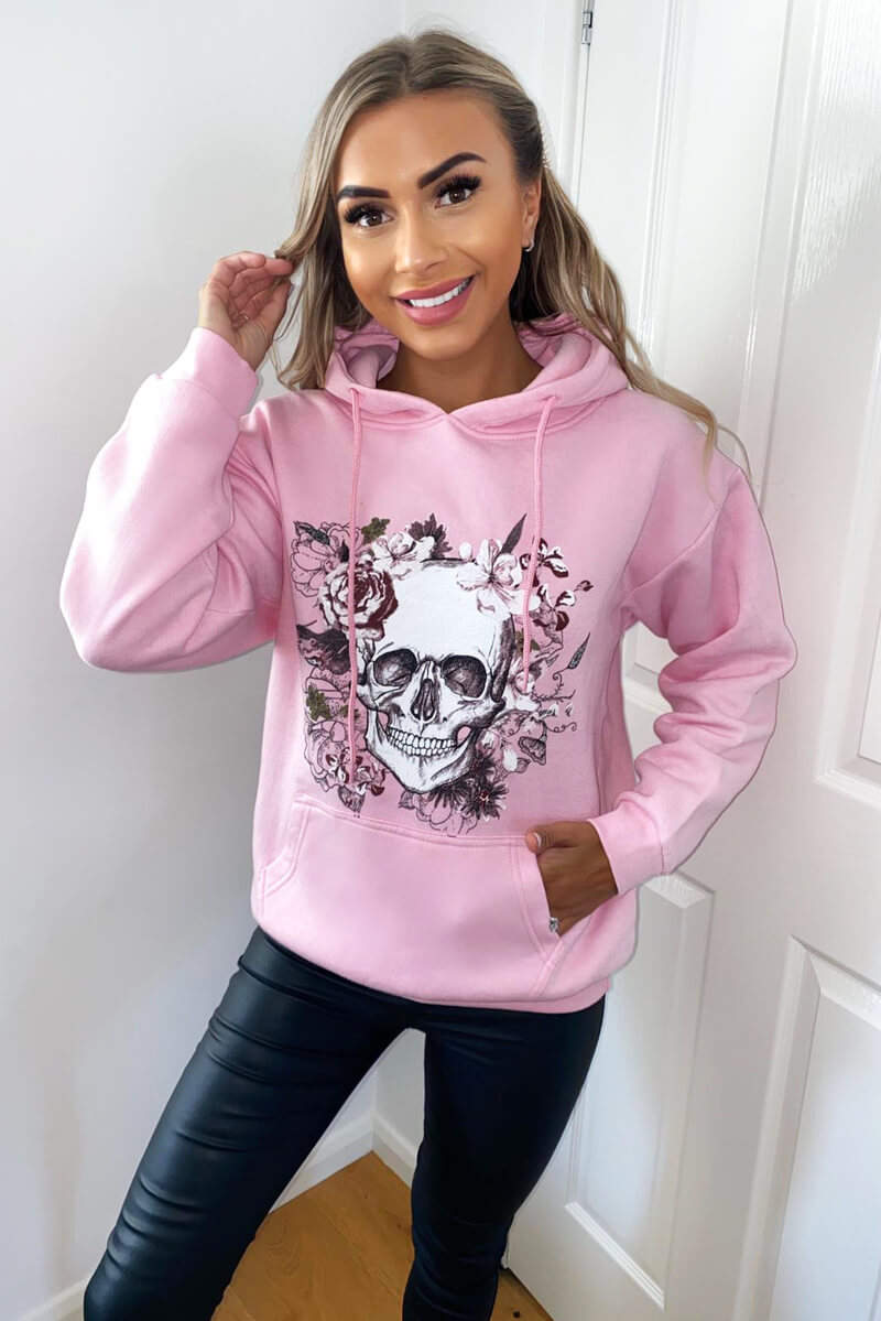 Pink Skull Printed Hoodie