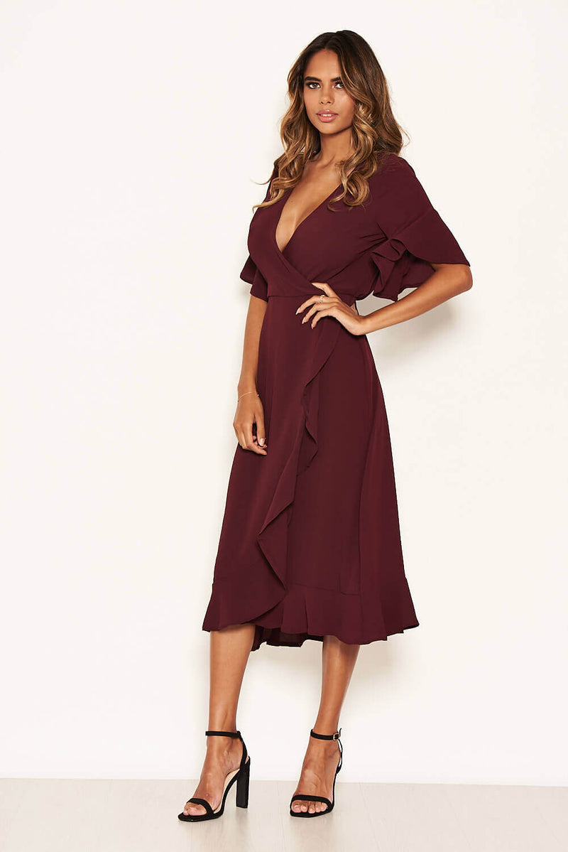 Plum Midi Dress With Frill Hem And Sleeves