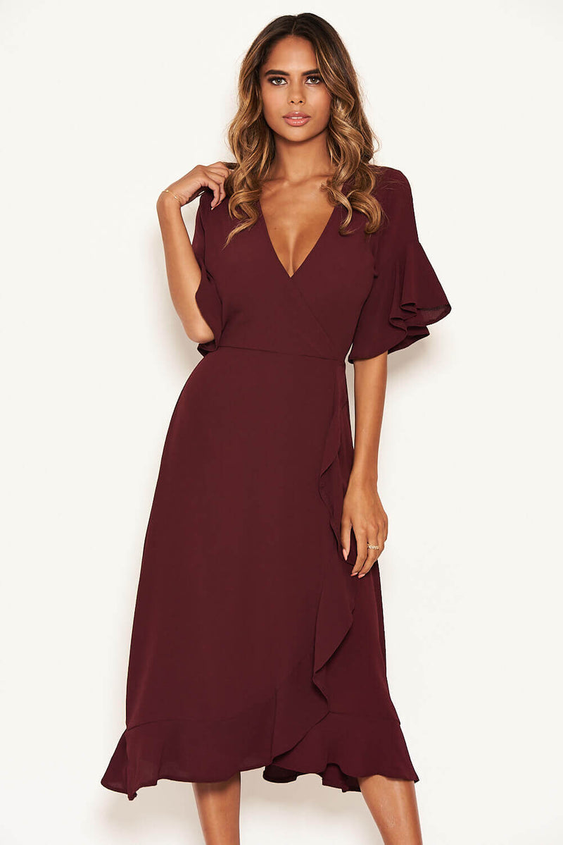 Plum Midi Dress With Frill Hem And Sleeves