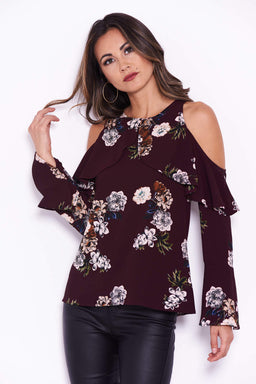Plum Floral Cold Shoulder Top