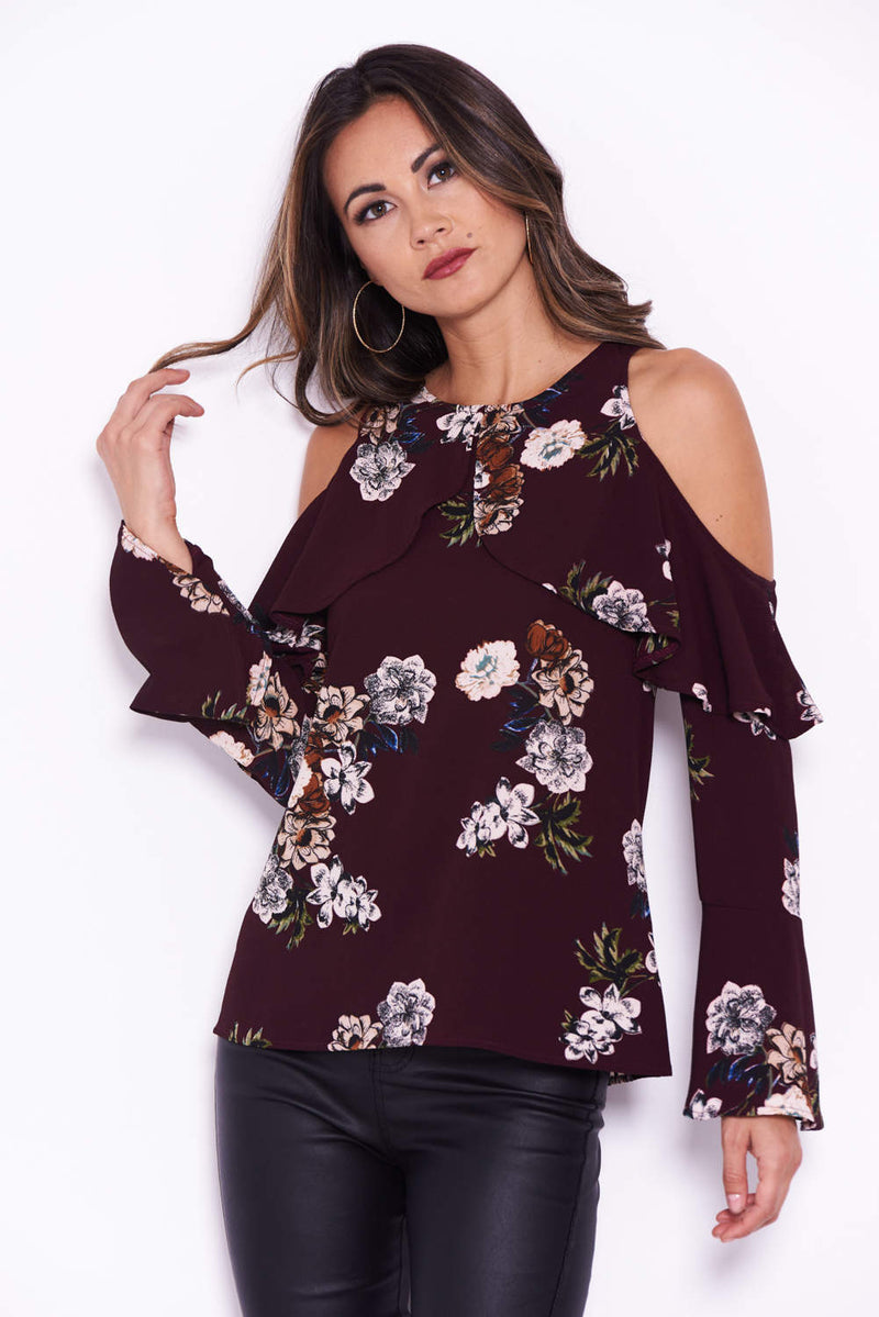 Plum Floral Cold Shoulder Top