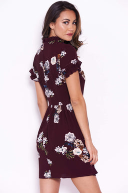 Plum Floral Frill Sleeve High Neck Dress