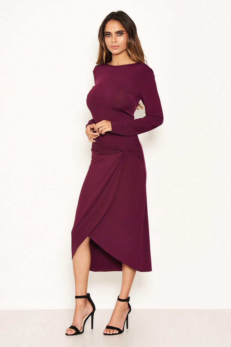 Plum Knot Front Bodycon Midi Dress