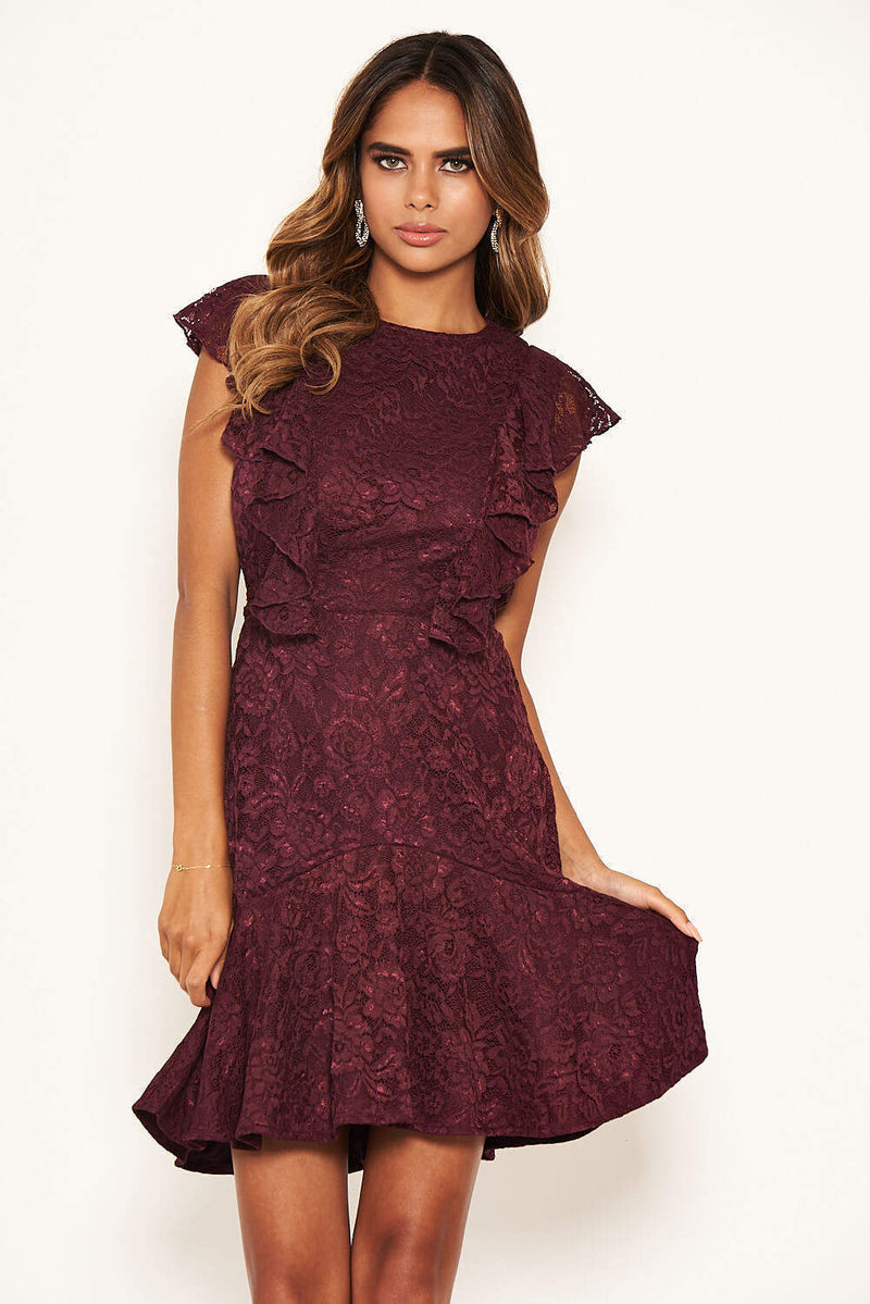 Plum Lace Tie Front Frill Dress