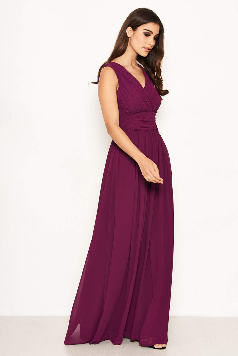 Plum Pleated V Neck Maxi Dress