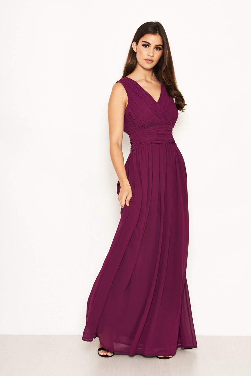 Plum Pleated V Neck Maxi Dress