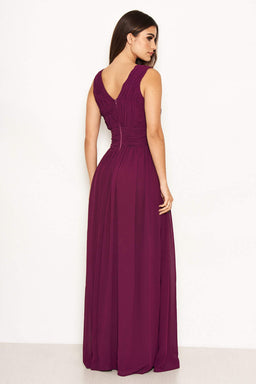 Plum Pleated V Neck Maxi Dress