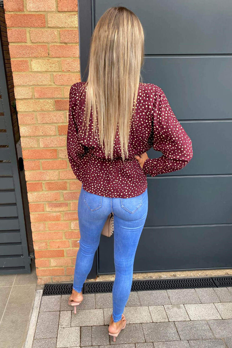 Plum Polka Dot Long Sleeve Wrap Top