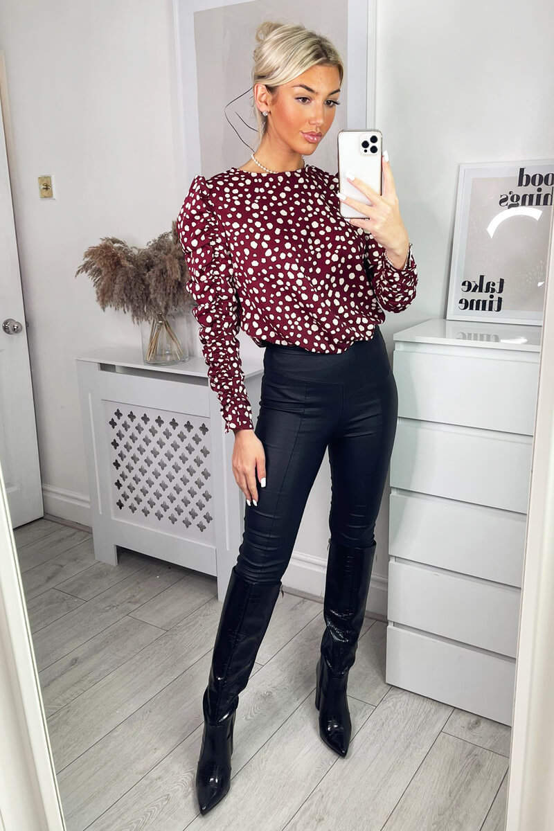 Plum Printed Long Gathered Sleeve Blouse