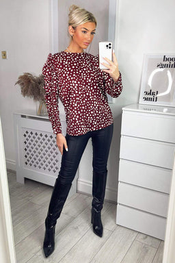 Plum Printed Long Gathered Sleeve Blouse