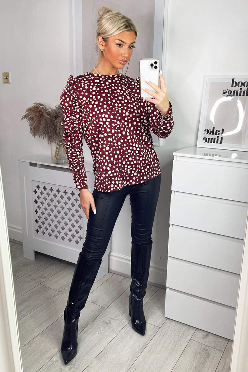 Plum Printed Long Gathered Sleeve Blouse