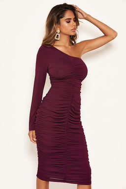 Plum One Shoulder Ruched Dress