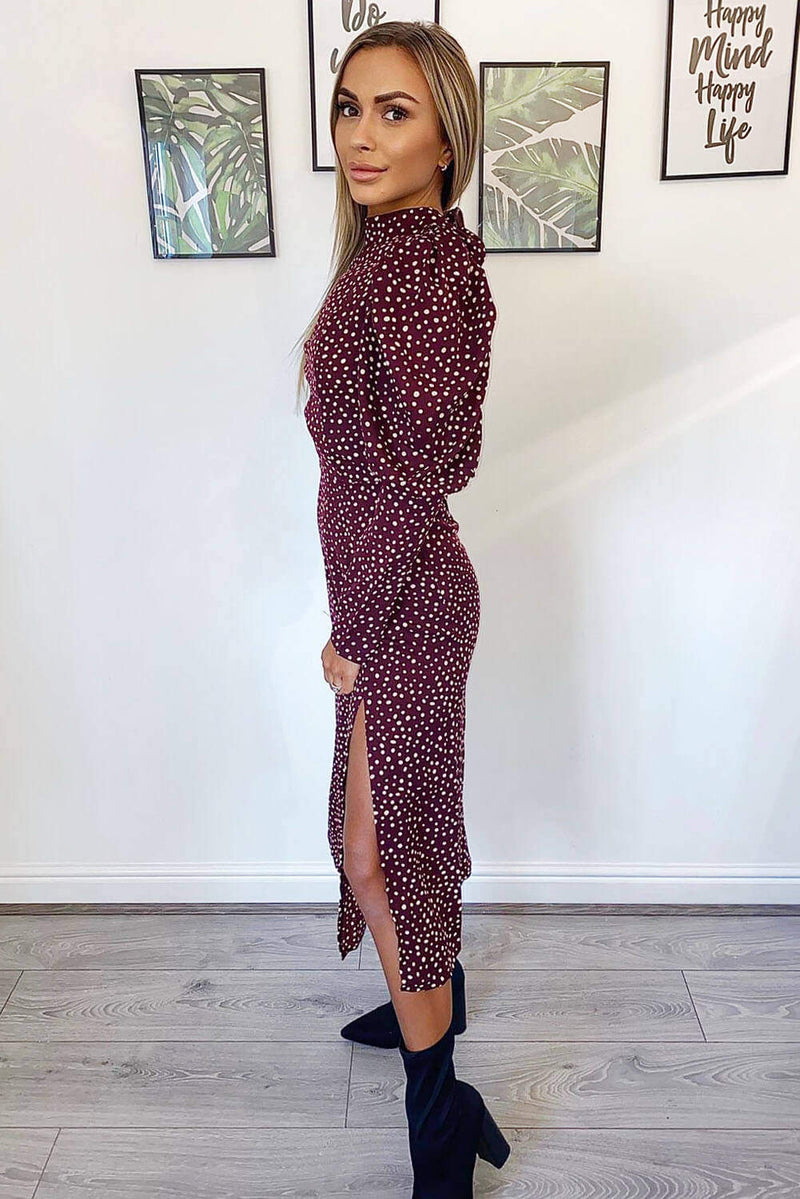 Plum Spotty High Neck Midi Dress