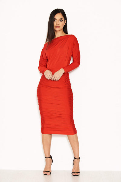 Red Boat Neck Dress With Ruched Detail AX Paris