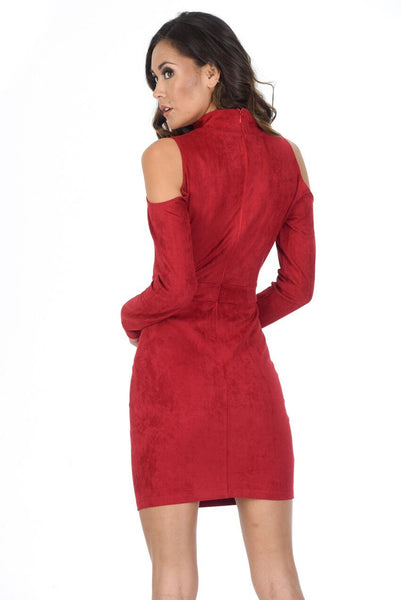 Red Faux Suede High Neck Cold Shoulder Mini Dress AX Paris
