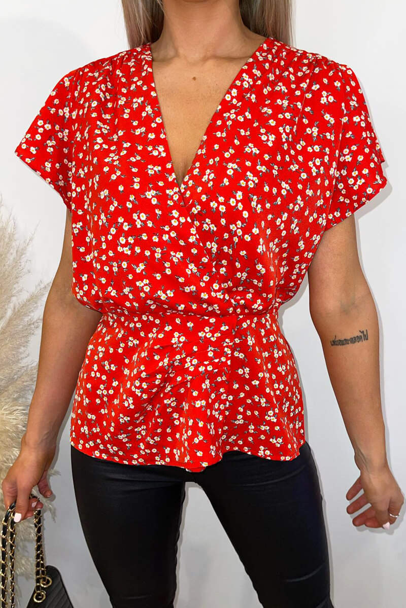 Red Floral Wrap Over Peplum Top