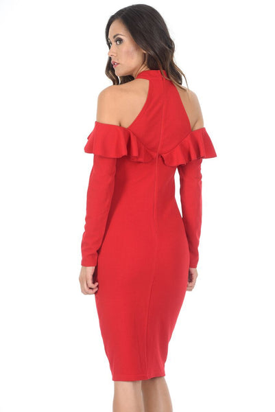 long sleeve cold shoulder dress Red High Neck Cold Shoulder Long Sleeved Midi Dress – AX Paris