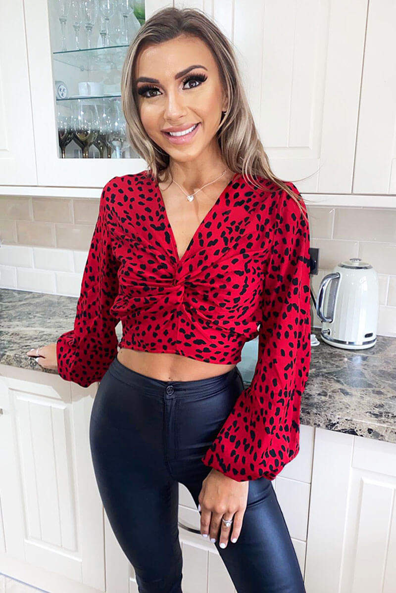 Red Printed Front Knot Crop Top