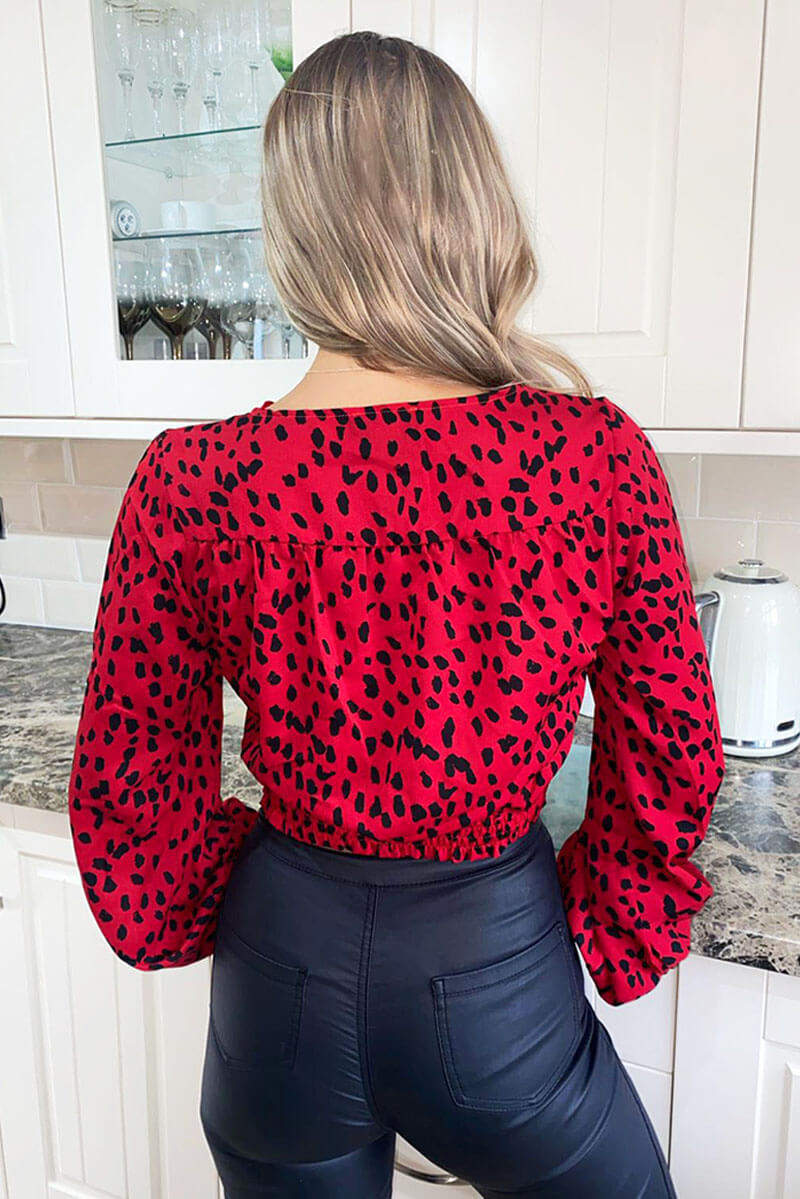 Red Printed Front Knot Crop Top
