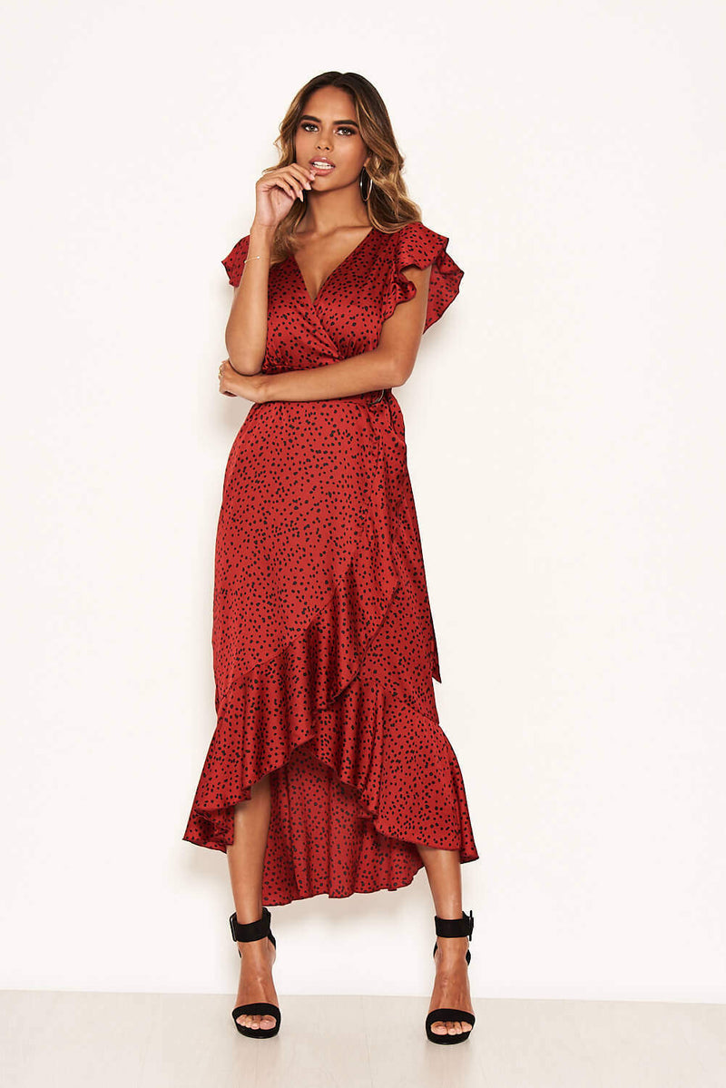 Red Spotty Frill Wrap Dress With D Ring Belt