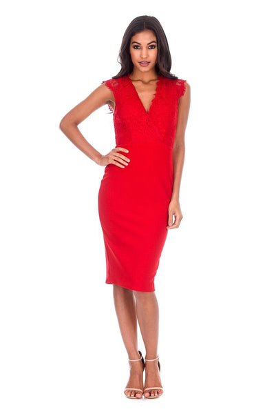 Red V Neck Lace Midi Dress AX Paris