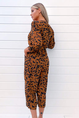 Rust Animal Printed Long Sleeve Jumpsuit