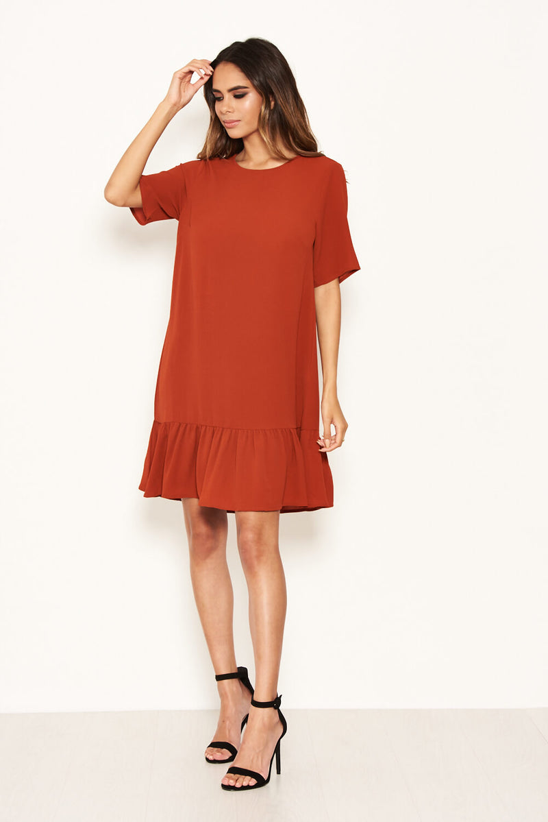 Rust Frill Hem Shift Dress