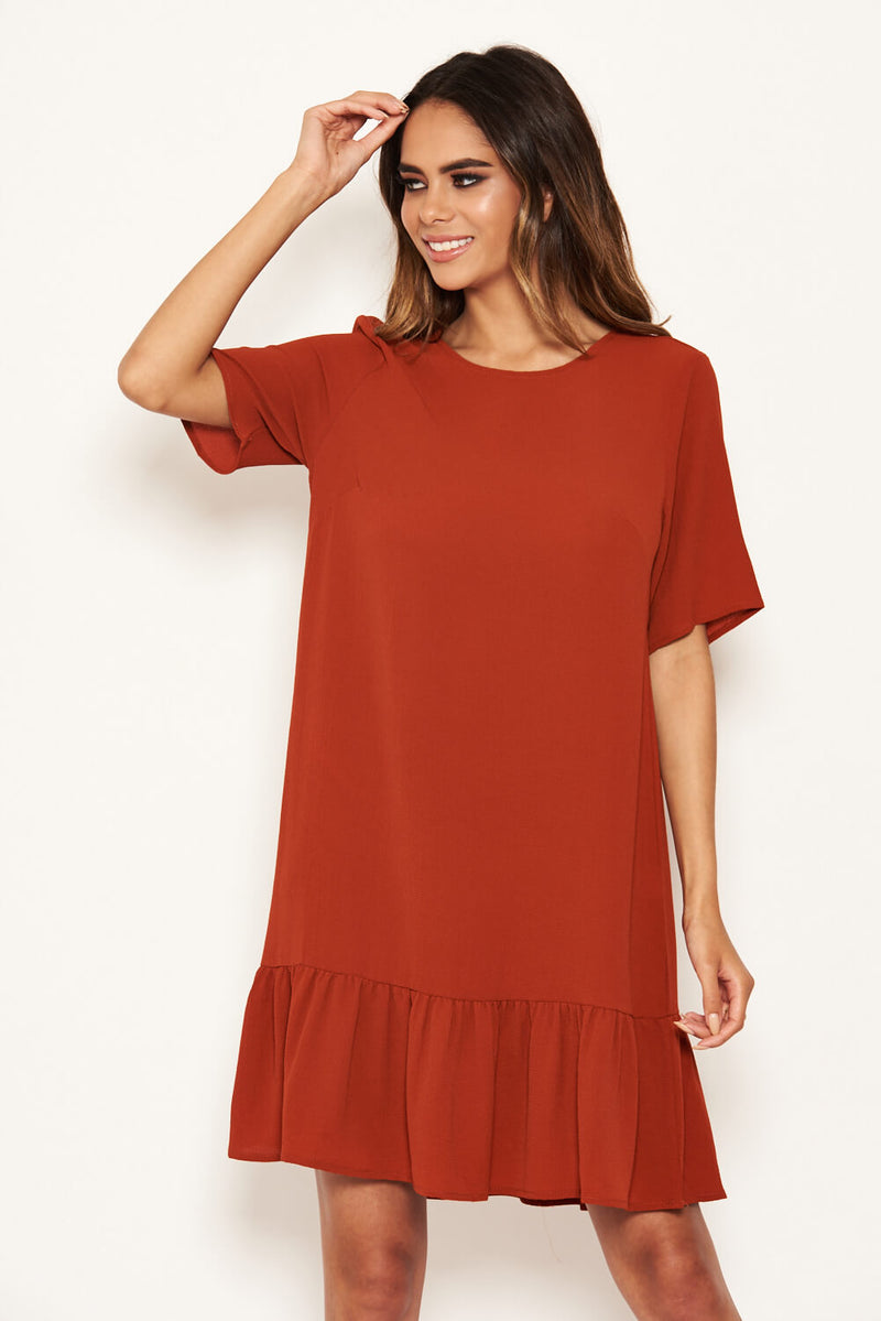 Rust Frill Hem Shift Dress