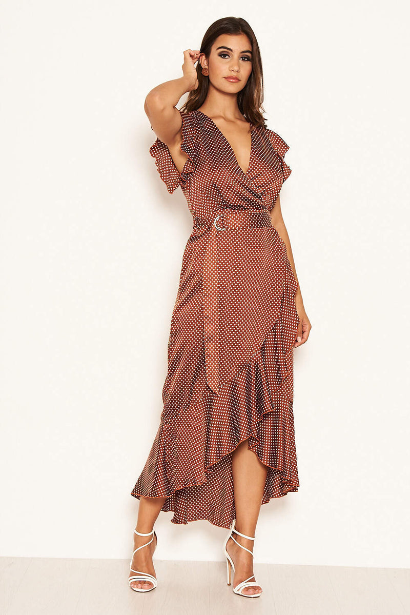 Rust Polka Dot D-Ring Wrap Midi Dress