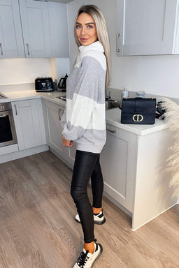 Silver And Cream Block Colour Knitted Jumper
